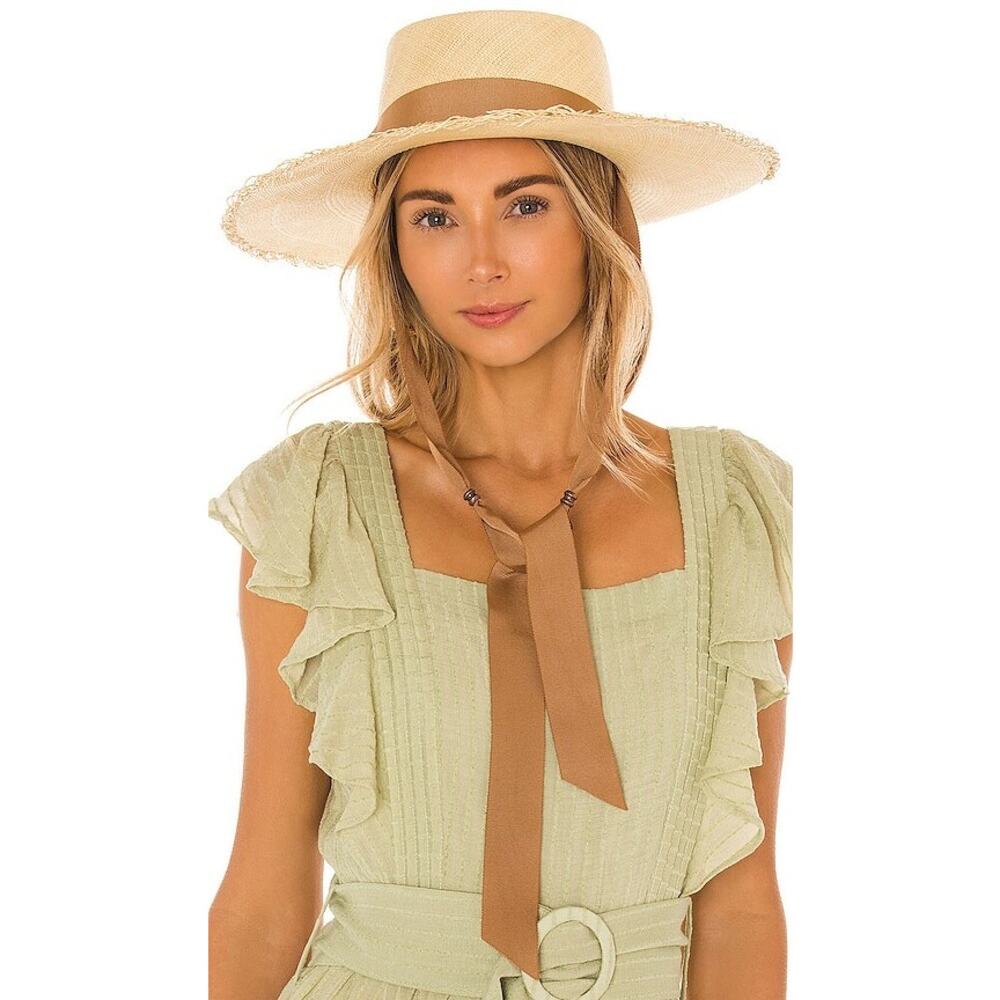 Revolve Sensi Studio Straw Frayed Long Brim Boater Hat Beige Sable Size Medium